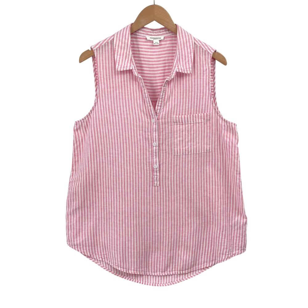 BeachLunchLounge Women's L Pink Stripe Linen Cotton Sleeveless Popover Blouse